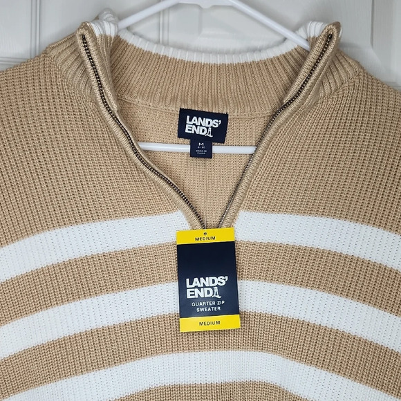 Lands' End Tan and White Striped Quarter Zip Sweater - Picture 2 of 4